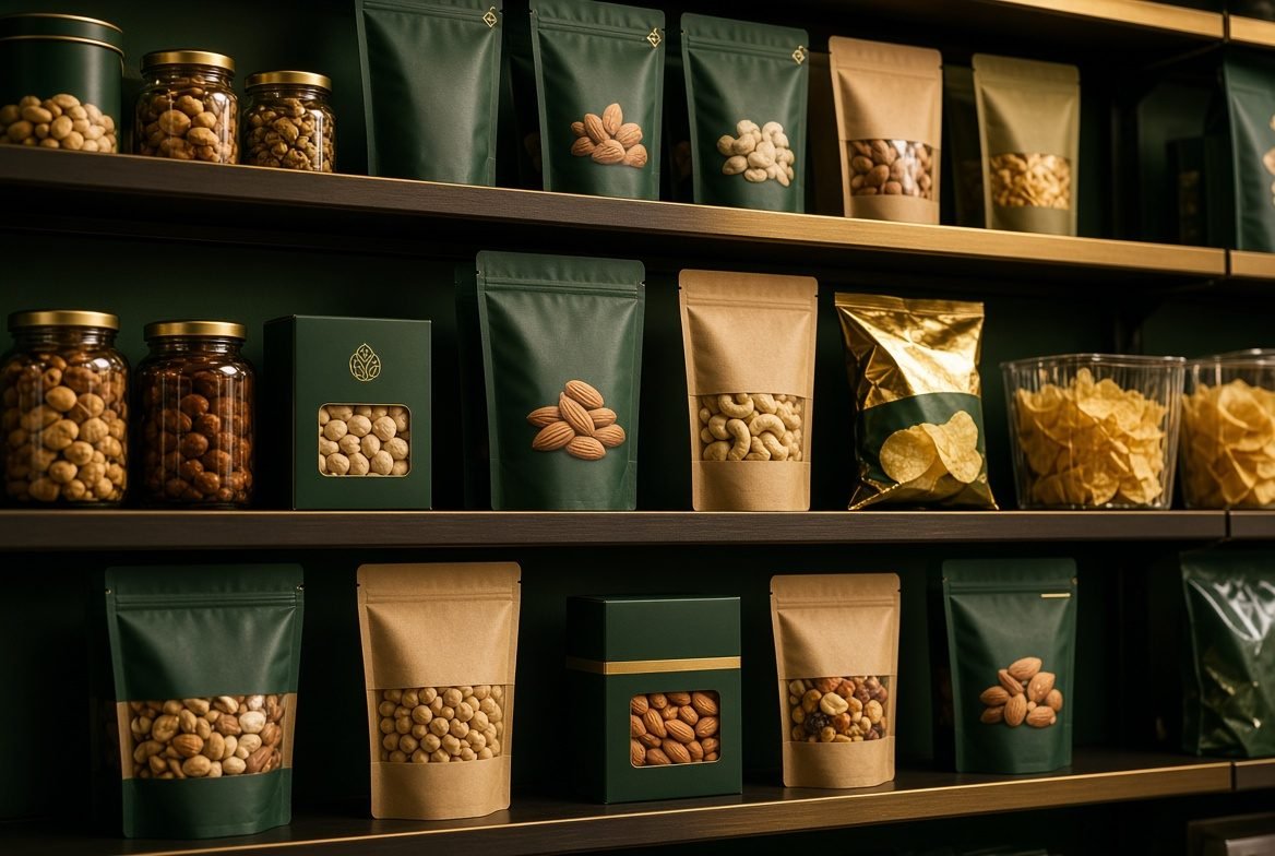 Premium grocery and snack products on shelf