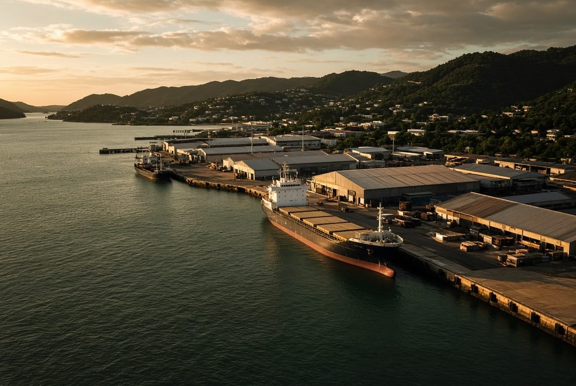 Industrial harbour and warehouse waterfront at dusk